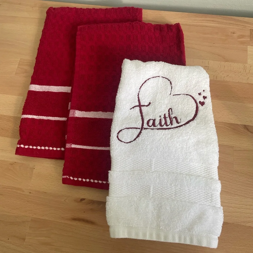 Embroidered Red and White Faith Heart Hand Towel Kitchen Towels NWOT 100% Cotton